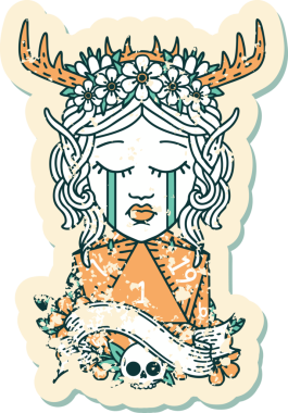 Retro Dövme Tarzı Ağlayan Elf Druid karakteri yüzü Bir insan tarafından çizilmiş doğal bir D20 zar