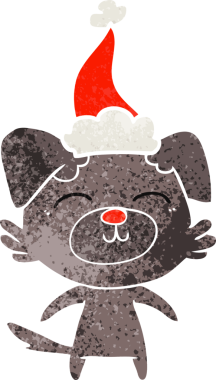Bir insan tarafından çizilmiş Noel Baba şapkası takan bir köpeğin retro karikatürü.