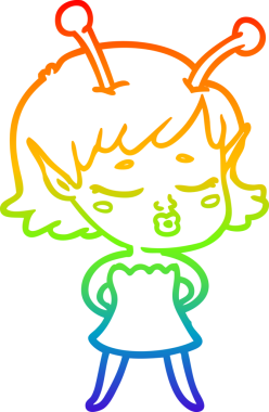 Gökkuşağı gradyan çizgisi. Bir insan tarafından çizilmiş şirin bir uzaylı kız çizgi filmi.