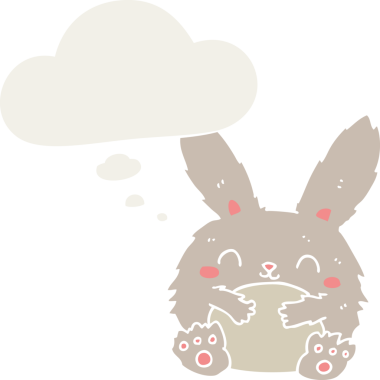 Bir insan tarafından çizilmiş düşünce baloncuklu sevimli çizgi film tavşanı.