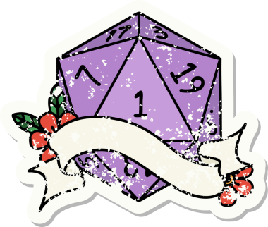 Bir insan tarafından çizilmiş doğal bir d20 zarının grunge çıkartması.