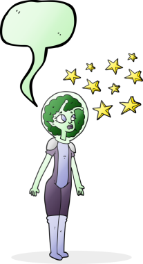 Bir insan tarafından çizilmiş serbest konuşma balonu çizgi filmi uzaylı kız.