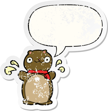 çizgi film mutlu ayıcık konuşma baloncuğu ile sıkıntılı eski bir çıkartma bir insan tarafından çizilmiş