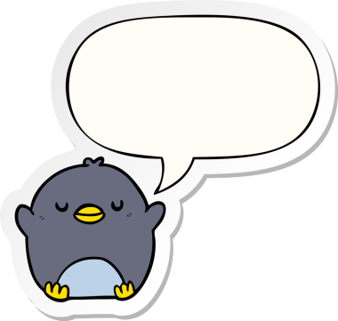 Bir insan tarafından çizilmiş konuşma kabarcığı çıkartmalı sevimli penguen.