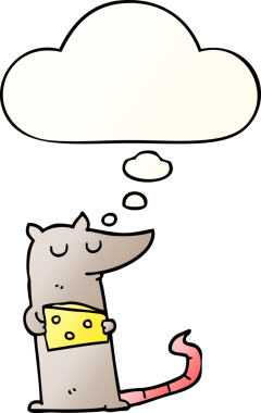 Düşünce baloncuklu peynirli çizgi film faresi bir insan tarafından çizilmiş.