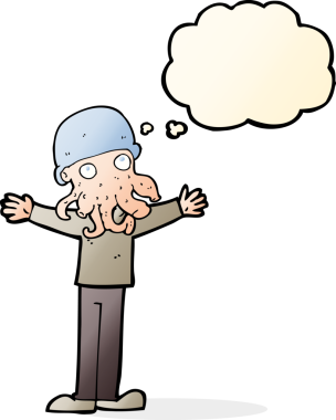 Bir insan tarafından çizilmiş düşünce baloncuklu uzaylı mürekkep balığı suratlı adam.