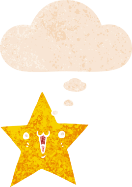 Mutlu çizgi film yıldızı. Düşünce baloncuğu ve grunge 'da sıkıntılı retro tarzı olan bir insan tarafından çizilmiş.