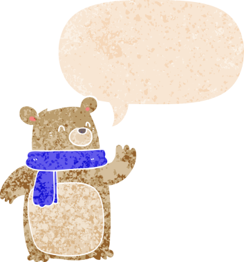 Bir insan tarafından çizilmiş grunge sıkıntılı retro tarzı içinde konuşma baloncuğu olan eşarp giyen çizgi film ayısı