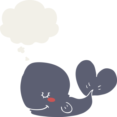 Düşünce baloncuğu olan karikatür balinası insan tarafından çizilmiş.