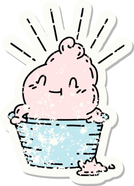 Bir insan tarafından çizilmiş dövmeli dondurma karakterinin eski bir çıkartması.