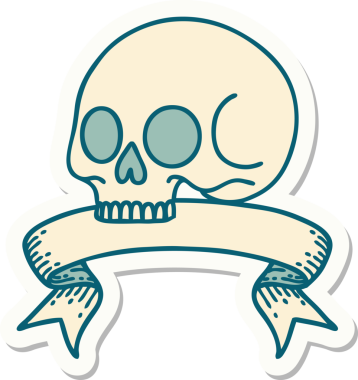 Bir insan tarafından çizilmiş kafatasının pankartıyla dövme stili etiketi