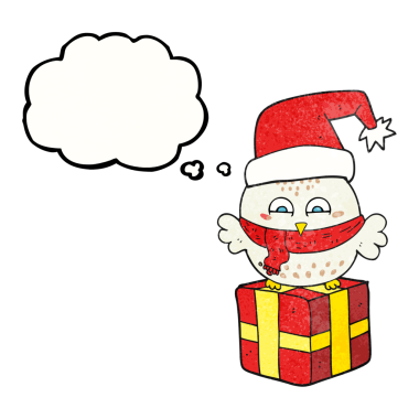 El yazması düşünce baloncuğu desenli şirin noel baykuşu bir insan tarafından çizilmiş.