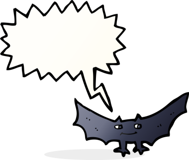 Bir insan tarafından çizilmiş konuşma balonlu korkunç vampir yarasa çizgi filmi.