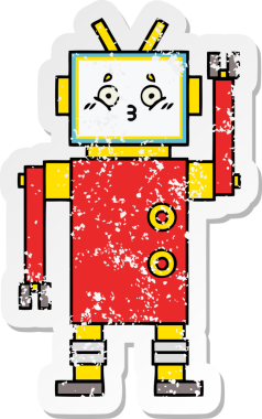 Bir insan tarafından çizilmiş sevimli bir robot çizgi film çıkartması.