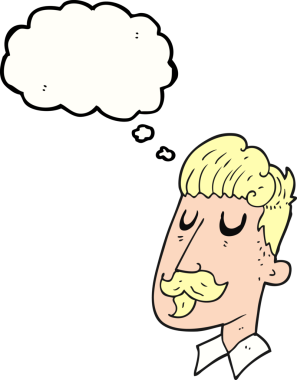 Bir insan tarafından çizilmiş bıyıklı serbest çizim baloncuk karikatür adam.