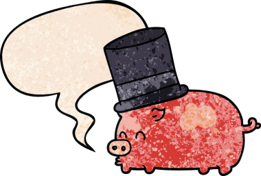 Çizgi film domuzu şapkalı, konuşma baloncuğu olan eski moda bir insan tarafından çizilmiş.