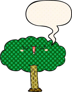 Bir insan tarafından çizilmiş çizgi roman tarzında konuşma baloncuğu olan çizgi film ağacı