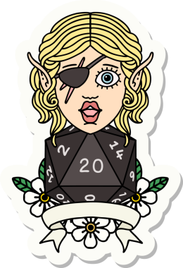 Bir insan tarafından çizilmiş doğal yirmi zarlı düzenbaz bir elf karakterinin çıkartması.