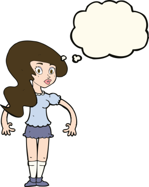 Bir insan tarafından çizilmiş düşünce baloncuğu olan güzel bir kadın.