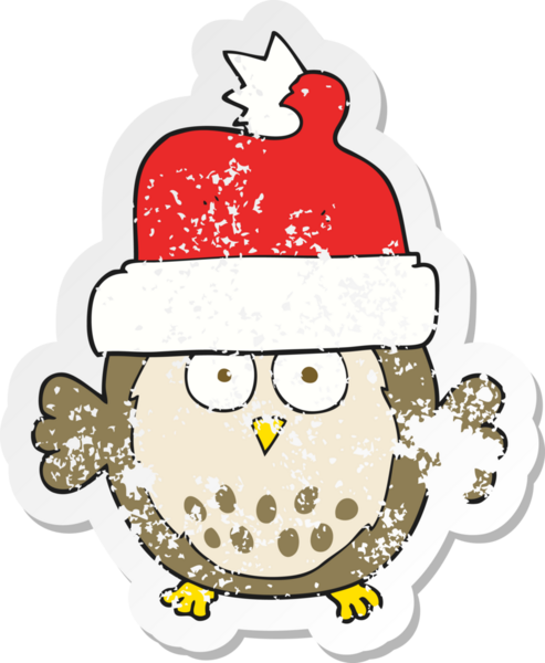 Bir insan tarafından çizilmiş noel şapkası giyen bir baykuşun gerilimli çıkartması.