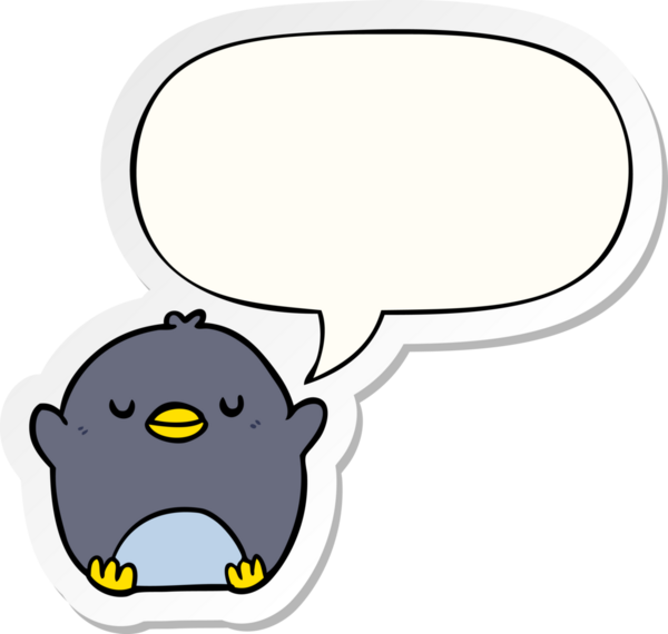 Bir insan tarafından çizilmiş konuşma kabarcığı çıkartmalı sevimli penguen.