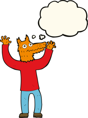 Bir insan tarafından çizilmiş düşünce balonlu tilki adam.