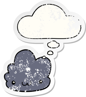 Düşünce baloncuğu olan sevimli çizgi film bulutu bir insan tarafından çizilmiş yıpranmış bir çıkartma gibi.