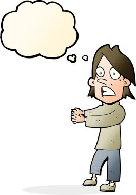 Bir insan tarafından çizilen düşünce baloncuğuyla şok olmuş bir adam.