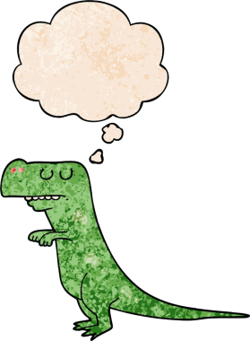 bir insan tarafından çizilmiş grunge dokuma tarzında düşünce baloncuğu olan karikatür dinozor.