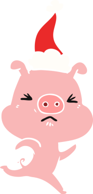 Bir insan tarafından çizilmiş Noel Baba şapkası giymiş kızgın bir domuzun el çizimi düz bir çizimi.
