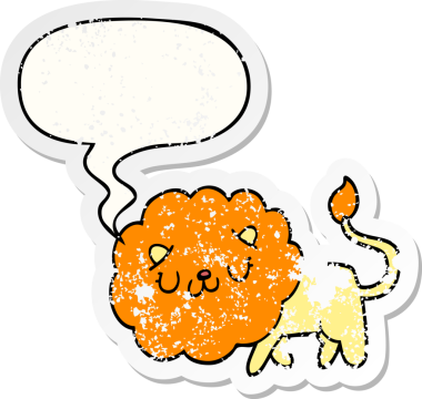 Konuşma baloncuğu olan karikatür aslanı bir insan tarafından çizilmiş sıkıntılı eski bir çıkartma