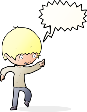 Bir insan tarafından çizilmiş konuşma balonuyla işaret eden endişeli bir çocuk.