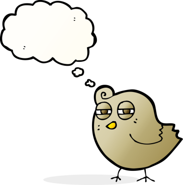 Bir insan tarafından çizilmiş düşünce baloncuklu komik çizgi film kuşu.