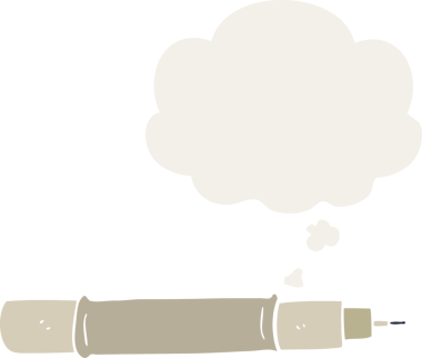 Düşünce baloncuğu olan çizgi film kalemi bir insan tarafından çizilmiş.