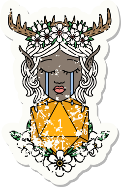 Retro Dövme Tarzı Ağlayan Elf Druid karakteri suratı Bir insan tarafından çizilmiş doğal bir D20 ruloyla