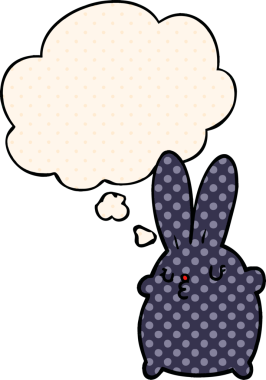 Bir insan tarafından çizilmiş çizgi roman tarzı düşünce baloncuğu olan sevimli çizgi film tavşanı.