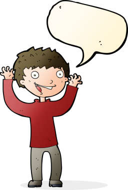 Bir insan tarafından çizilmiş konuşma balonu olan heyecanlı bir çocuk.