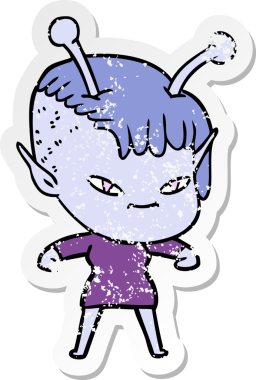 Bir insan tarafından çizilmiş sevimli uzaylı bir kızın sıkıntılı çıkartması.