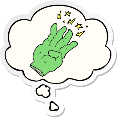 İnsan tarafından çizilmiş bir çıkartma olarak düşünce baloncuğu olan karikatürlü sihirli el.