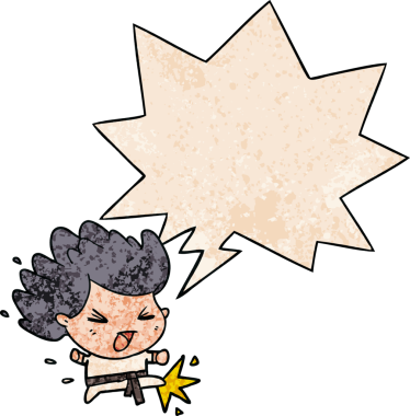 Sevimli çizgi film tekmeleme karate şampiyonu konuşma baloncuğu ile insan tarafından çizilen retro doku tarzıyla