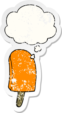 Düşünce baloncuklu karikatür buz lolipopu bir insan tarafından çizilmiş yıpranmış bir çıkartma.