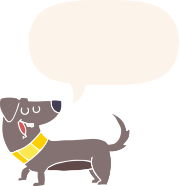 Konuşma baloncuğu olan bir insan tarafından çizilmiş bir çizgi film köpeği.