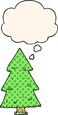Çizgi roman tarzında bir insan tarafından çizilmiş düşünce baloncuğu olan bir noel ağacı.