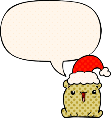 Bir insan tarafından çizilmiş, çizgi roman tarzında konuşma balonu olan, Noel şapkalı şirin bir çizgi film ayısı.