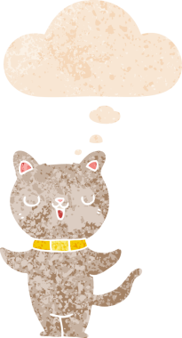 grunge 'da düşünce baloncuğu olan çizgi film kedisi bir insan tarafından çizilmiş dertli retro desenli