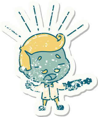 Bir insan tarafından çizilmiş şarap servis eden dövmeli bir adamın eski bir çıkartması.