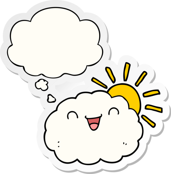 Mutlu karikatür bulutu. Düşünce baloncuğu insan tarafından çizilmiş bir çıkartma.