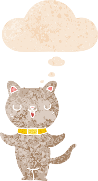 grunge 'da düşünce baloncuğu olan çizgi film kedisi bir insan tarafından çizilmiş dertli retro desenli