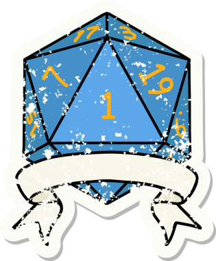 Bir insan tarafından çizilmiş doğal bir d20 zarının grunge çıkartması.