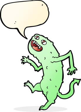 Bir insan tarafından çizilmiş konuşma balonlu çizgi film canavarı.